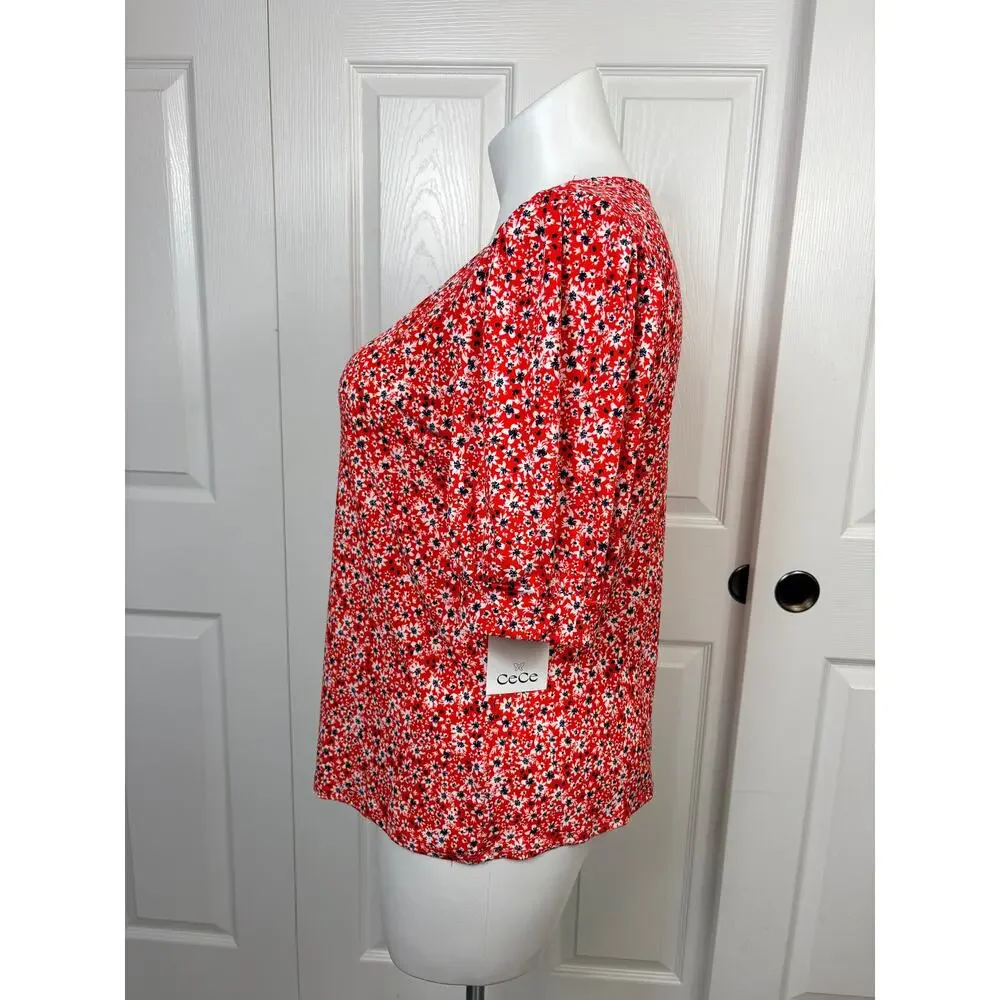 CeCe Women's Floral Blouse Size XL Scoop Neck 3/4 Sleeve Orange Knit Top NEW - Picture 5 of 10
